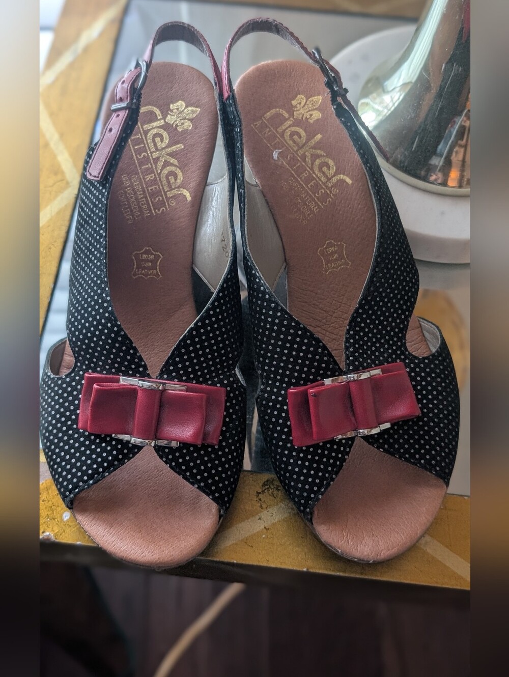 Rieker Black  Antistress  Polka Dot Slingback Wedges with Red Bow